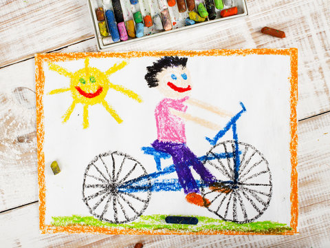 colorful drawing: boy riding bike