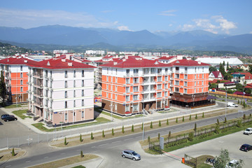 The view from the Hotel Radisson Blu Paradise Resort and Spa to the street 65 years of Victory with new housing estate and mountains