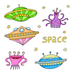 Card with space objects: ufo rockets, aliens and stars. Hand-dra