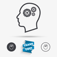 Head with gears sign icon. Male human head.