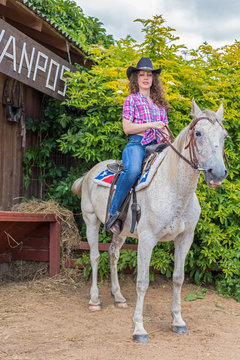 cowboy woman on a horse, focus on horse