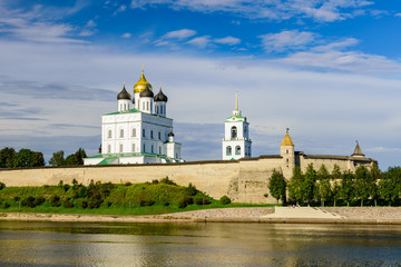 The ancient fortress on the bank of the river, Pskov Kremlin, Russia.