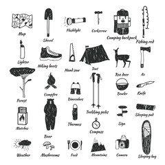 camping icons doodle text