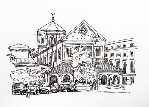 black and white sketch drawing of Rome cityscape