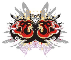 Two head of a dragon in grunge style. Tribal twirled dragon heads against gray wings with blood drops