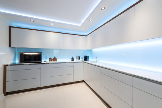 Interior design of clean modern white kitchen