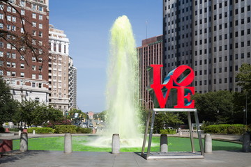 Green color fountain in Love park.