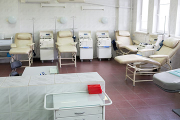 blood bank laboratory with Plasma Collection Systems and medical chairs
