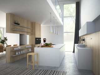 Kitchen and living room in loft apartment. 3d rendering