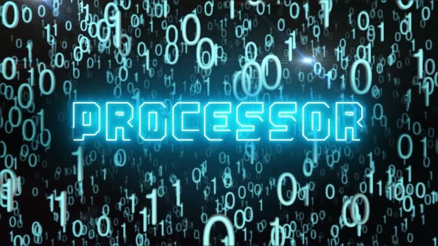 Seamless looping animation with the word Processor composed into falling bluish binary code