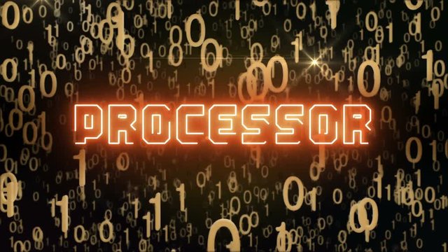 Seamless looping animation with the word Processor composed into falling golden binary code