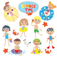 Fototapeta na wymiar set of cute kids on summer holidays. isolated on white background
