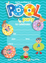 Pool party. Invitation template card. Kids fun in pool