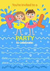 Pool party. Invitation template card. Kids fun in pool