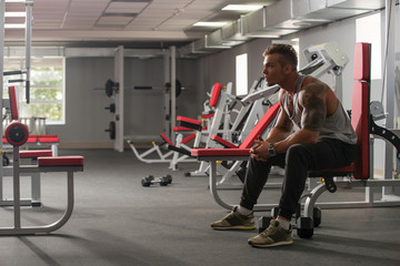 Fototapeta na wymiar Handsome tattooed bodybuilder posing in gym