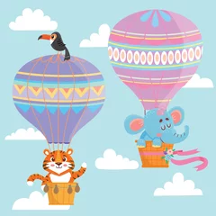 Muurstickers Dieren in luchtballon Heteluchtballonnen met dieren. Olifant en tijger Vector illustratie