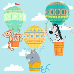 Rolgordijnen Dieren in luchtballon Heteluchtballonnen met dieren. Apen, neushoorns en zebra& 39 s. vector illustratie