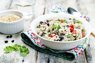 Black beans pepper cilantro cauliflower brown rice