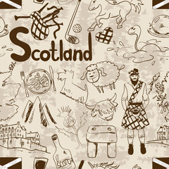 Retro Sketch Scotland Seamless Pattern.