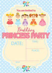 Princess Birthday Party. Invitation template card. Kids fun in pool