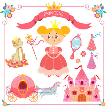 Vector illustration of pink princess. Set of items for princesses