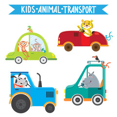 Funny animals on transport. Monkey, leopard, rhino, dog. Vector illustration on white background.  Kids cartoon.