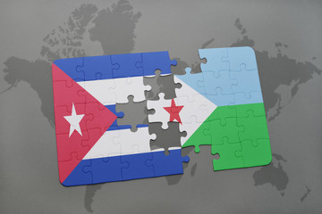 puzzle with the national flag of cuba and djibouti on a world map background.