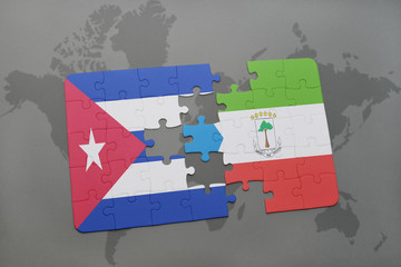 puzzle with the national flag of cuba and equatorial guinea on a world map background.