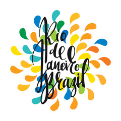 Inscription Rio de Janeiro Brazil, background colors of the Brazilian flag. Calligraphy handmade greeting cards , posters phrase Rio de Janeiro Brazil. Background watercolor brush , Brazil carnival