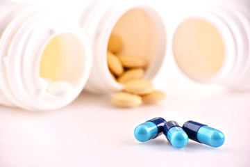 Composition with variety of drug pills and containers
