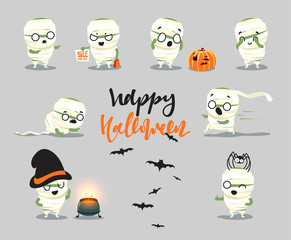 Happy Halloween. Set cute cartoon halloween character costumes, zombie, mummy. Funny doodle characters with hat cooks in the pot. Surprised fright, smile and fear