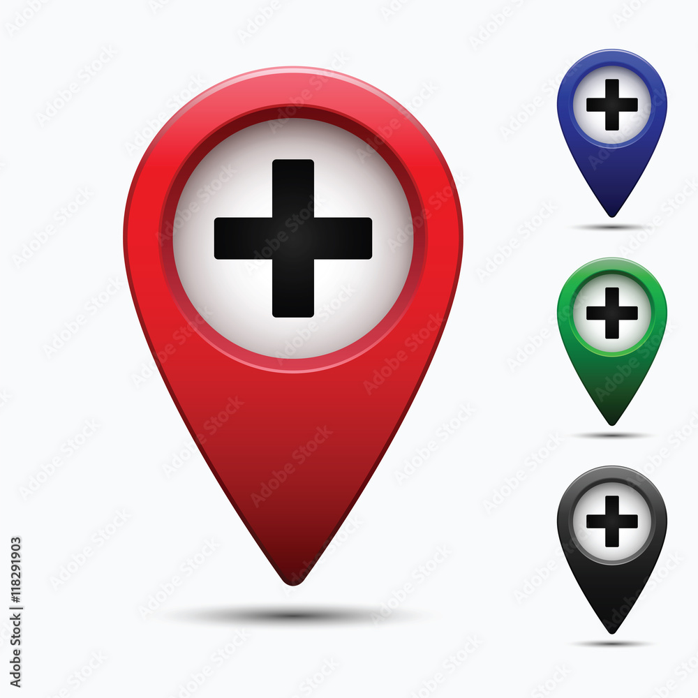 Poster colored map pointer with symbol cross medicine and hospital. for location maps. mark icon. sign for 