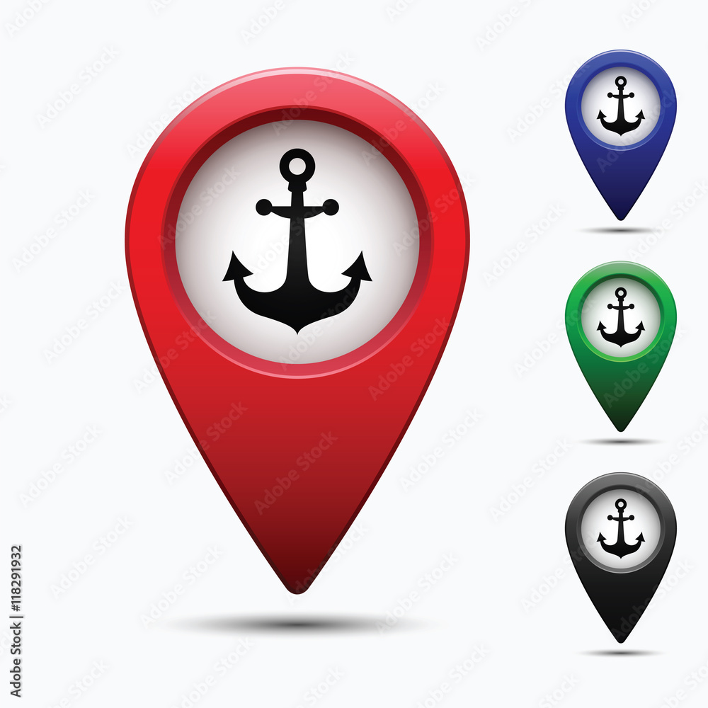 Poster colored map pointer with symbol anchor and sea port. for location maps. mark icon. sign for gps navi
