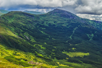 Picturesque Carpathian mountains landscape, view from the height, Chornogora ridge, Ukraine.