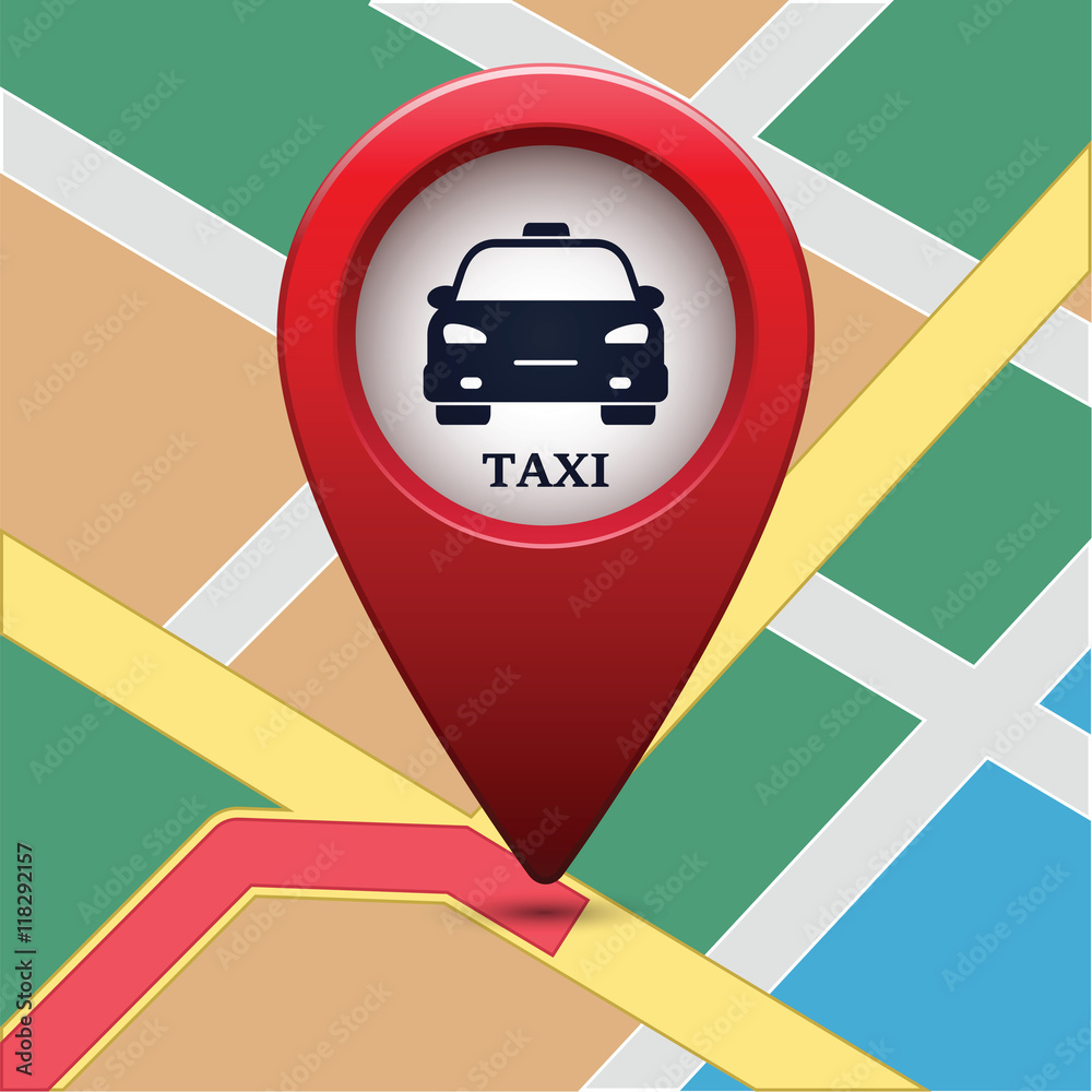 Poster colored map pointer with symbol taxi and map. for location maps. mark icon. sign for gps navigation.