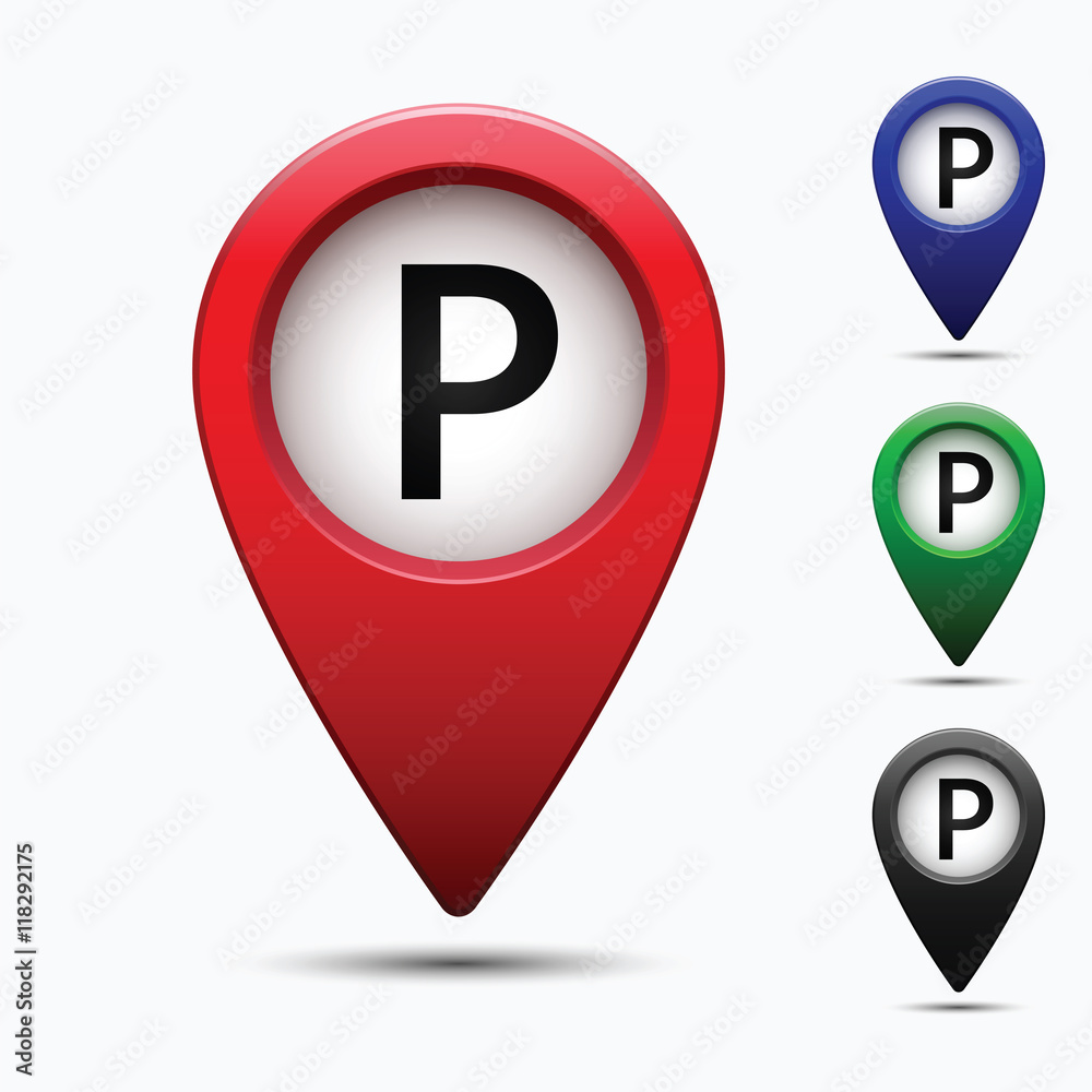 Poster colored map pointer with symbol parking. for location maps. mark icon. sign for gps navigation. inde