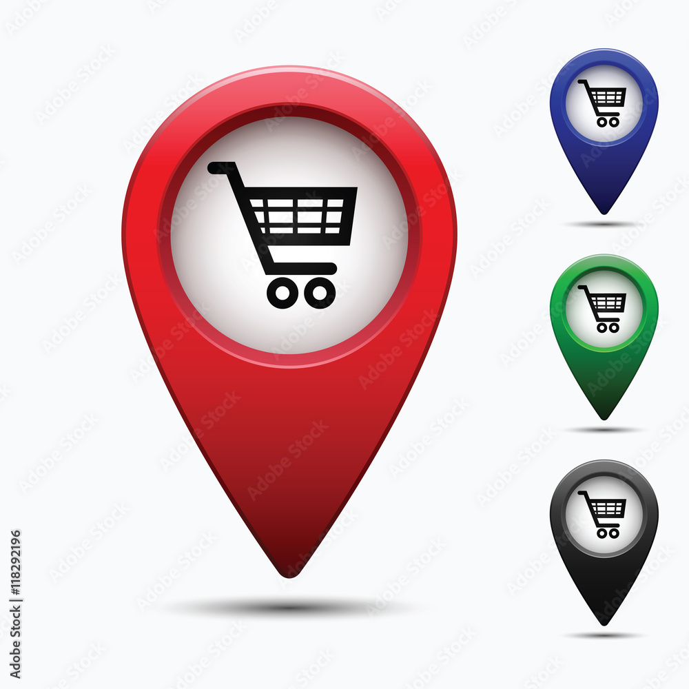 Poster colored map pointer with symbol supermarket. for location maps. mark icon. sign for gps navigation. 