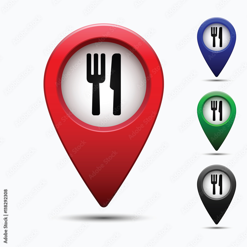 Poster colored map pointer with symbol restaurant. for location maps. mark icon. sign for gps navigation. i