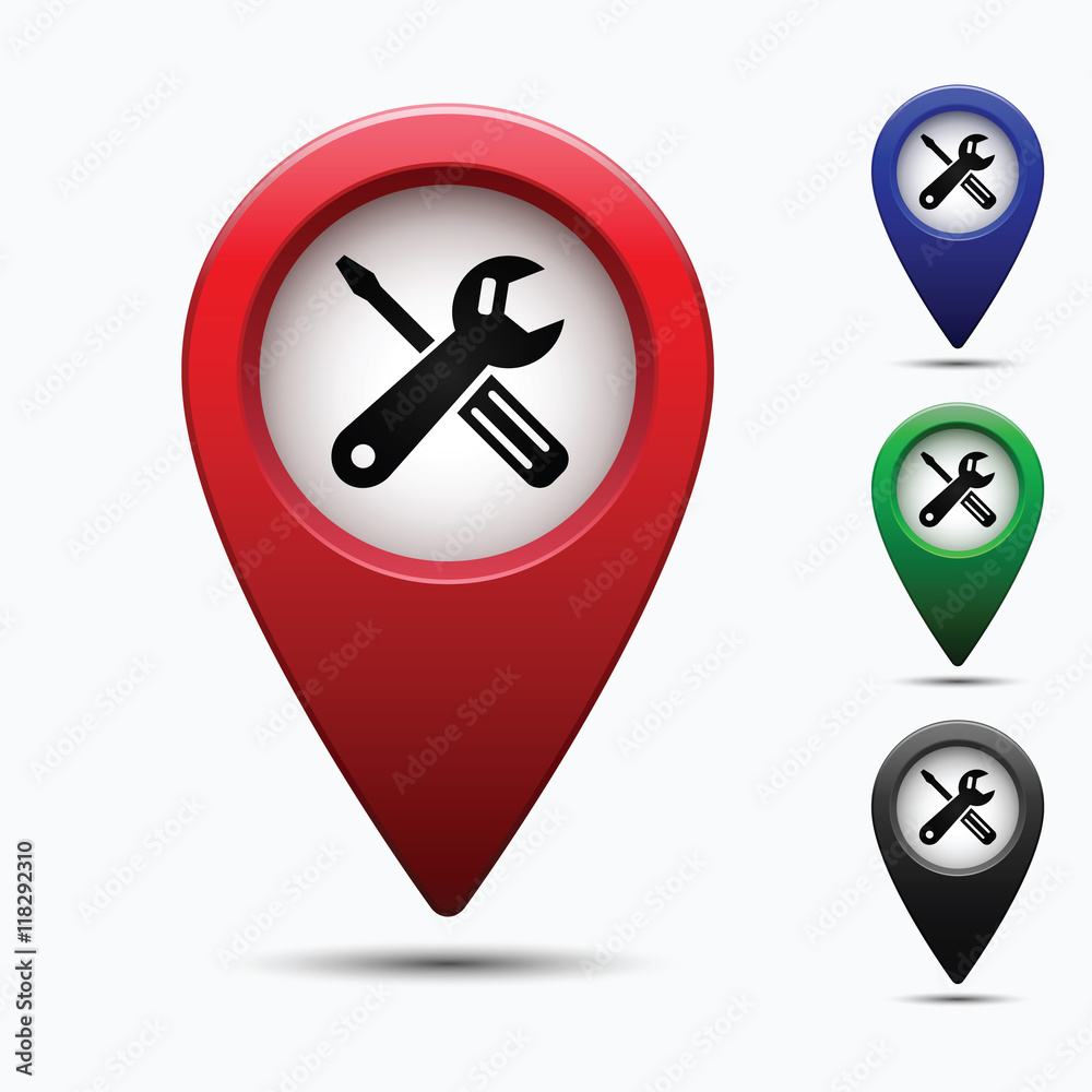 Poster colored map pointer with symbol car service. for location maps. mark icon. sign for gps navigation. 