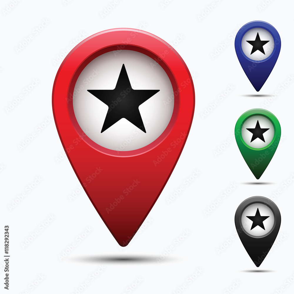 Poster colored map pointer with symbol star. for location maps. mark icon. sign for gps navigation. index l