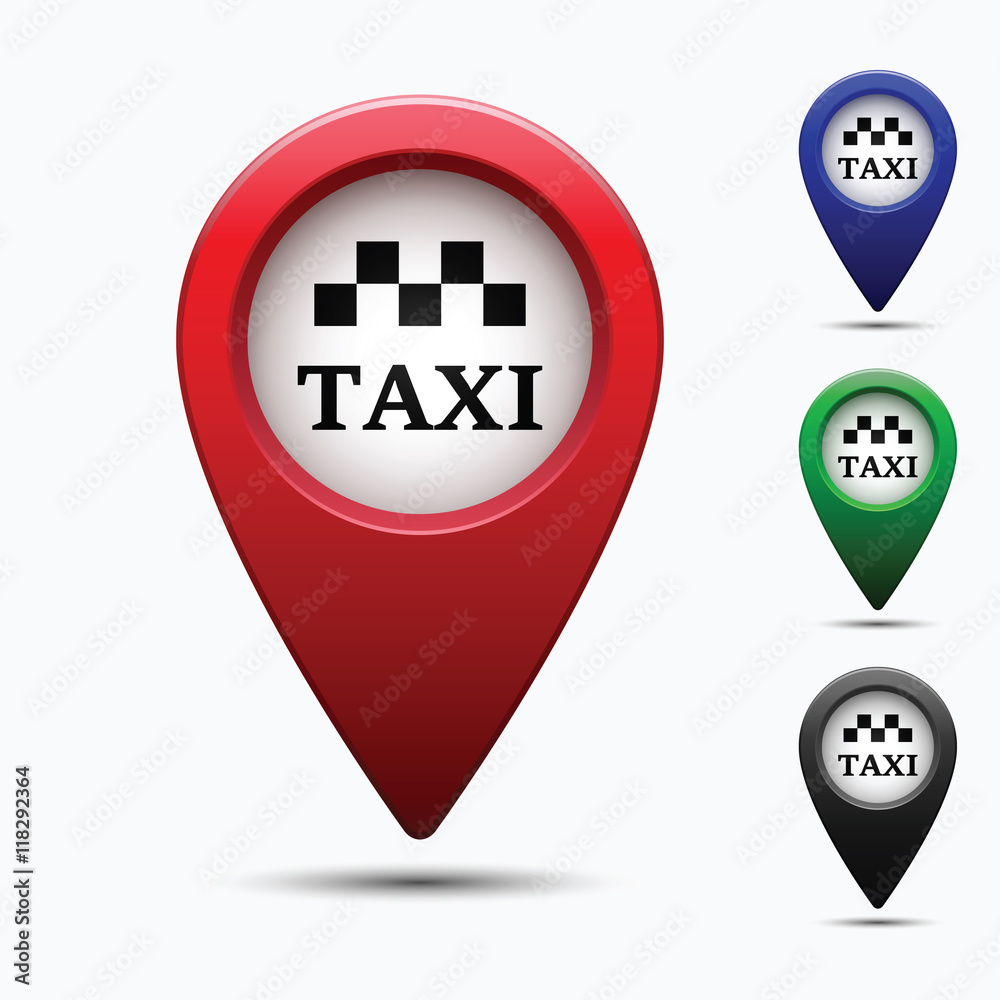 Poster colored map pointer with symbol taxi. for location maps. mark icon. sign for gps navigation. index l
