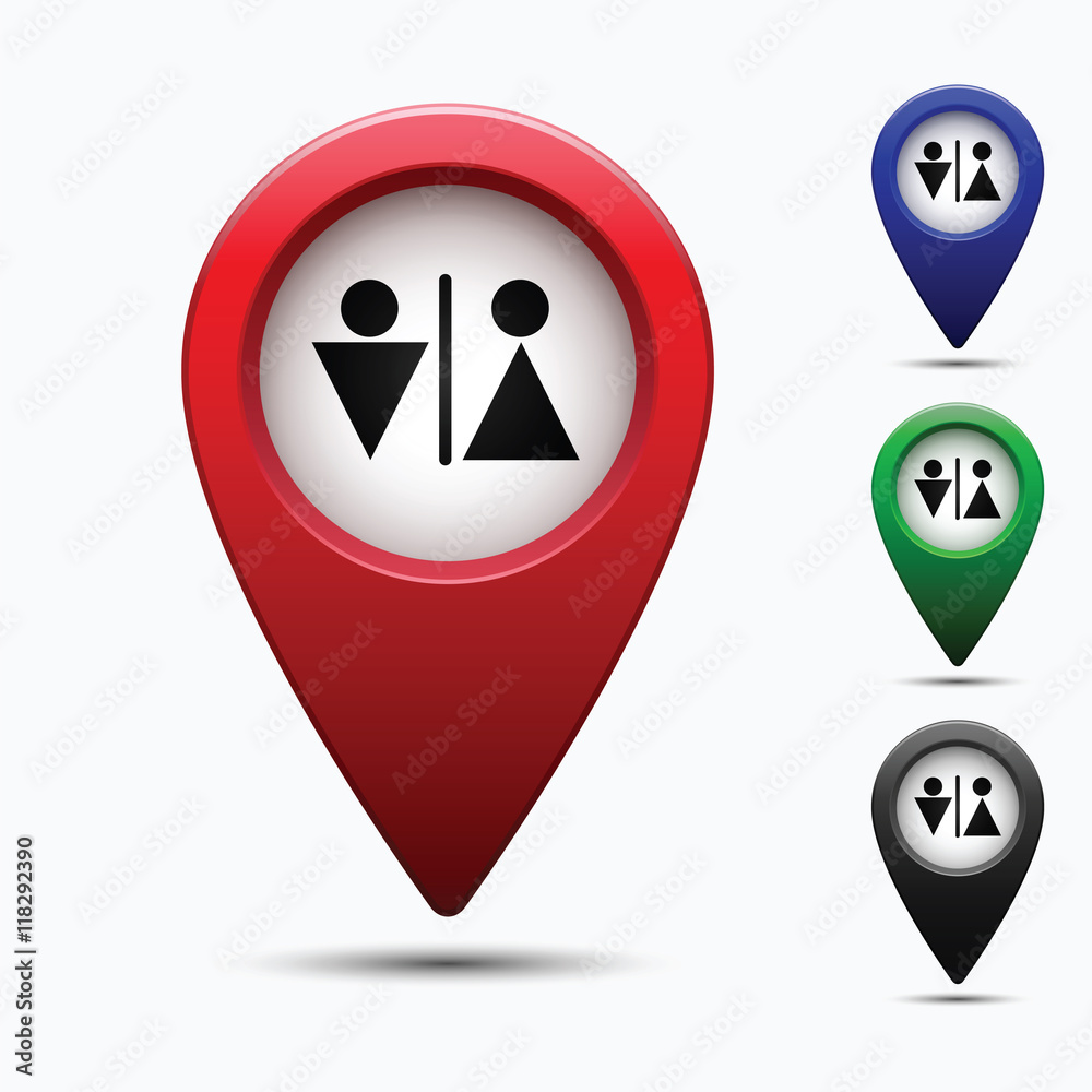 Poster colored map pointer with symbol toilet and wc. for location maps. mark icon. sign for gps navigation