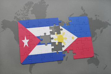 puzzle with the national flag of cuba and philippines on a world map background.