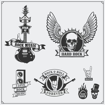 Rock'n'Roll music symbols, labels, logos and design elements.