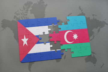 puzzle with the national flag of cuba and azerbaijan on a world map background.