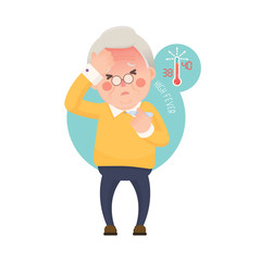 Vector Illustration of Sick Old Man Suffering from a Fever and Checking His Temperature on a Thermometer while Clutching at His Forehead. Cartoon Character.