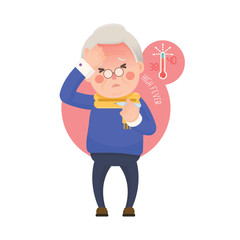 Vector Illustration of Sick Old Man Suffering from a Fever and Checking His Temperature on a Thermometer while Clutching at His Forehead. Cartoon Character.