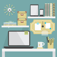 Close up of flat, modern, and trendy working place with some accessories