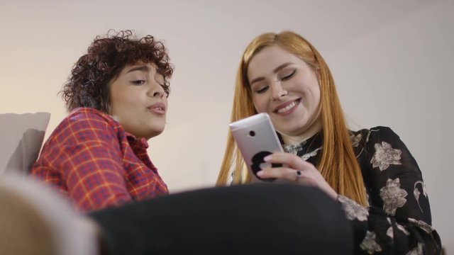  Happy gay female couple at home pose to take a selfie with mobile phone