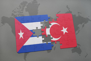 puzzle with the national flag of cuba and turkey on a world map background.